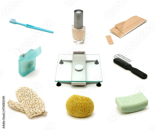 Collection of Bathroom Objects, Isolated on white, for example: soap, scales, tooth brush and adhesive bandages