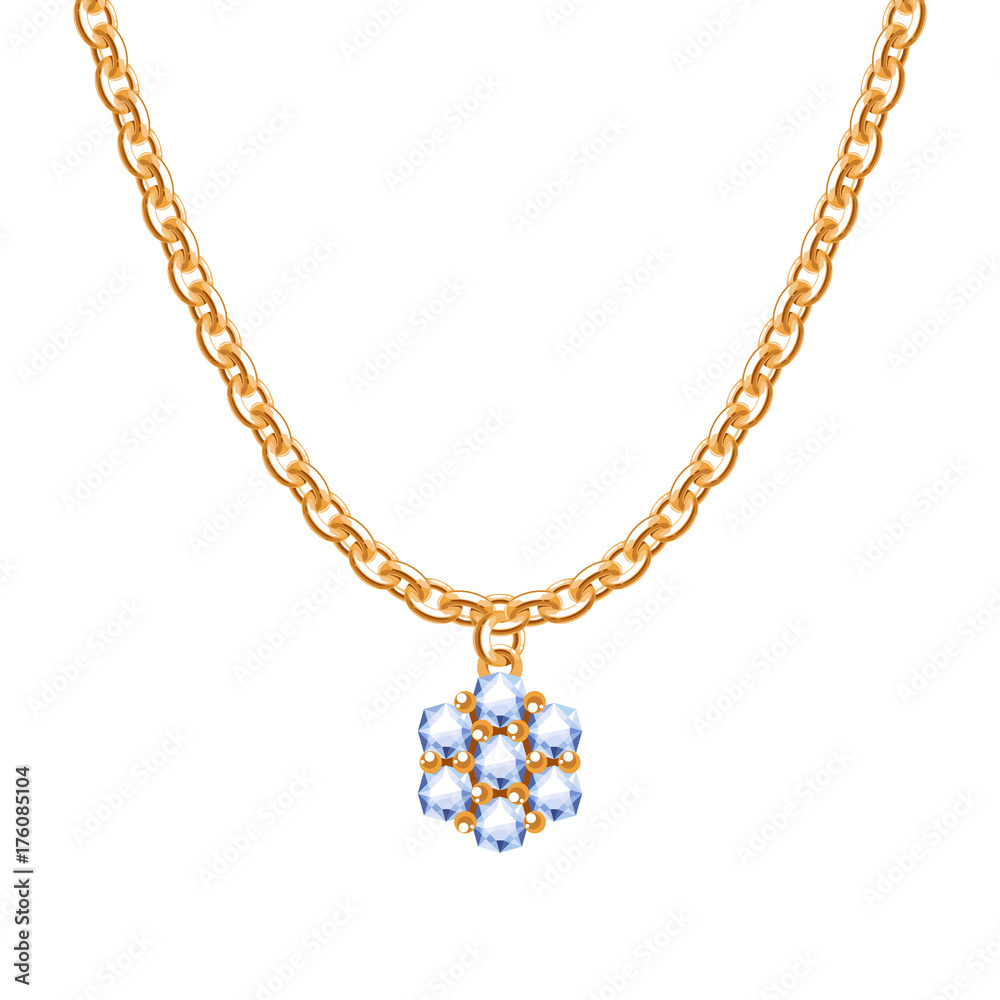 Golden chain necklace with diamond flower pendant. Golden chain necklace with diamond flower pendant.