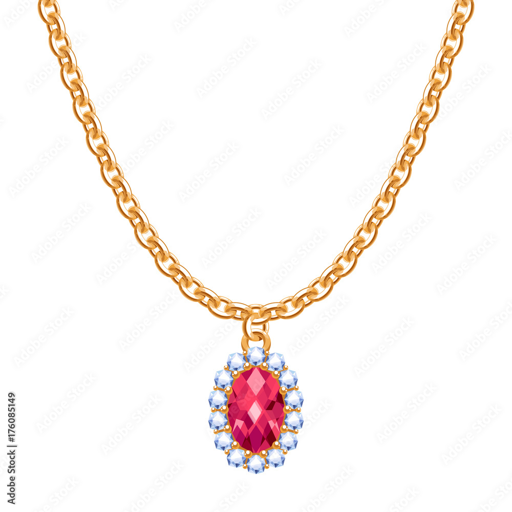 Golden chain necklace with ruby gemstone pendant. Golden chain necklace with ruby gemstone pendant.