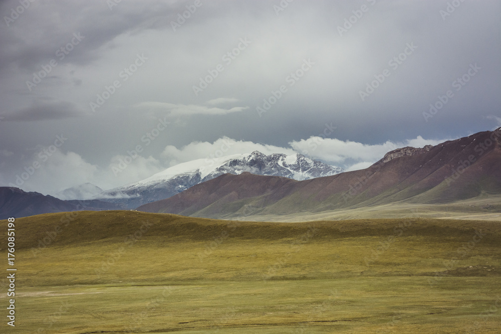 Summer green fields and snow covered mountain peaks. Landscape from the Tian Shan mountains of Kyrgyzstan. Summer green fields and snow covered mountain peaks. Landscape from the Tian Shan mountains of Kyrgyzstan.