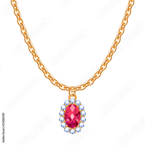 Golden chain necklace with ruby gemstone pendant.