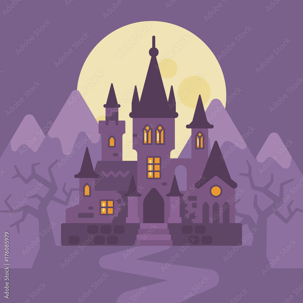 Dark vampire castle in the mountains. Halloween flat illustration. Trick or treat. Dark gothic fantasy background