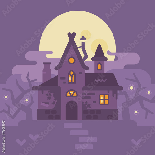 Old house int the swamp. Halloween witch hut flat illustration. Trick or treat. Dark fantasy background