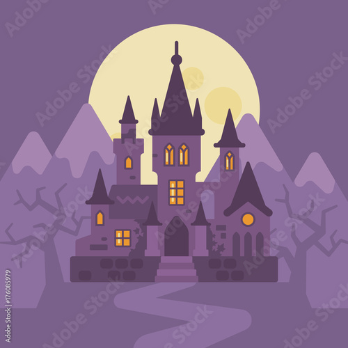 Dark vampire castle in the mountains. Halloween flat illustration. Trick or treat. Dark gothic fantasy background