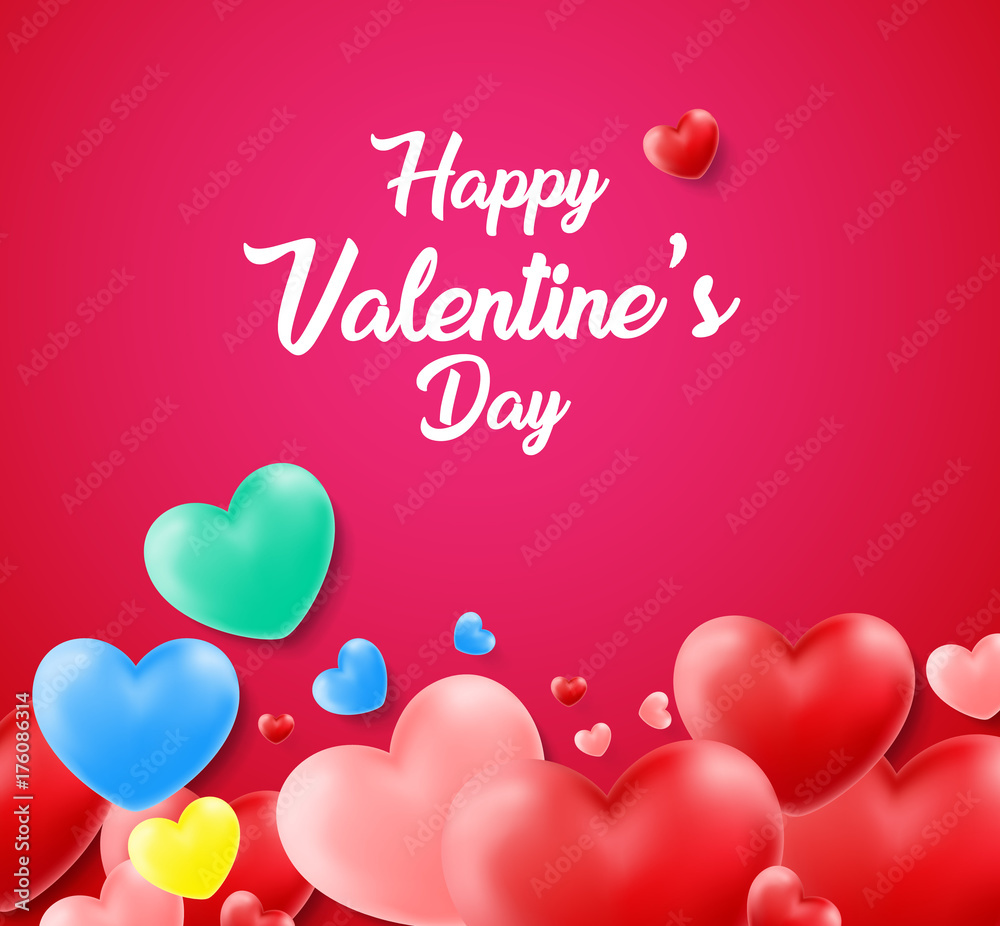 Happy Valentines Day Background with 3D Realistic Red Hearts and Typography Text in White Background. Vector Illustration. Valentine's day abstract background