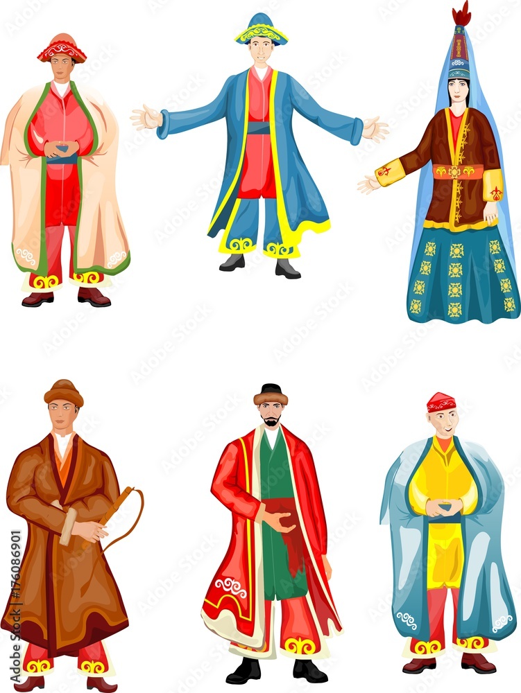 Set of vector characters people in national kazakhs dress