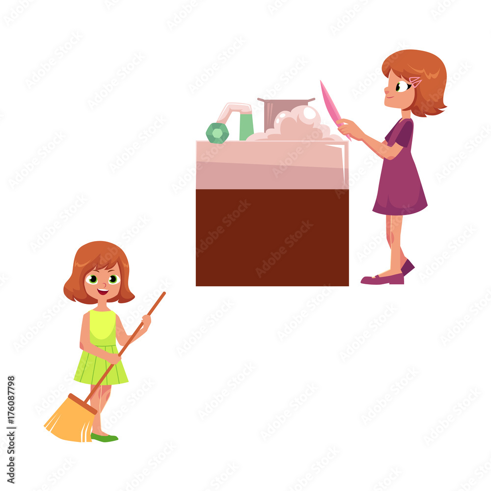 vector flat cartoon children making housework, household chores. Girl kid washing dishes at sink, child sweeping floor set. Isolated illustration on a white background.