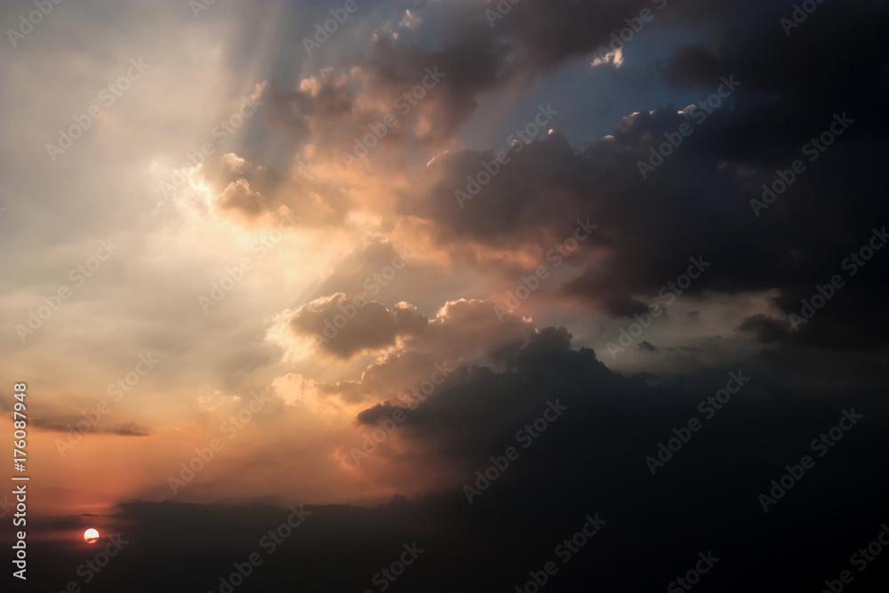 Dramatic atmosphere panorama view of golden morning freshness sunrise sky and clouds.