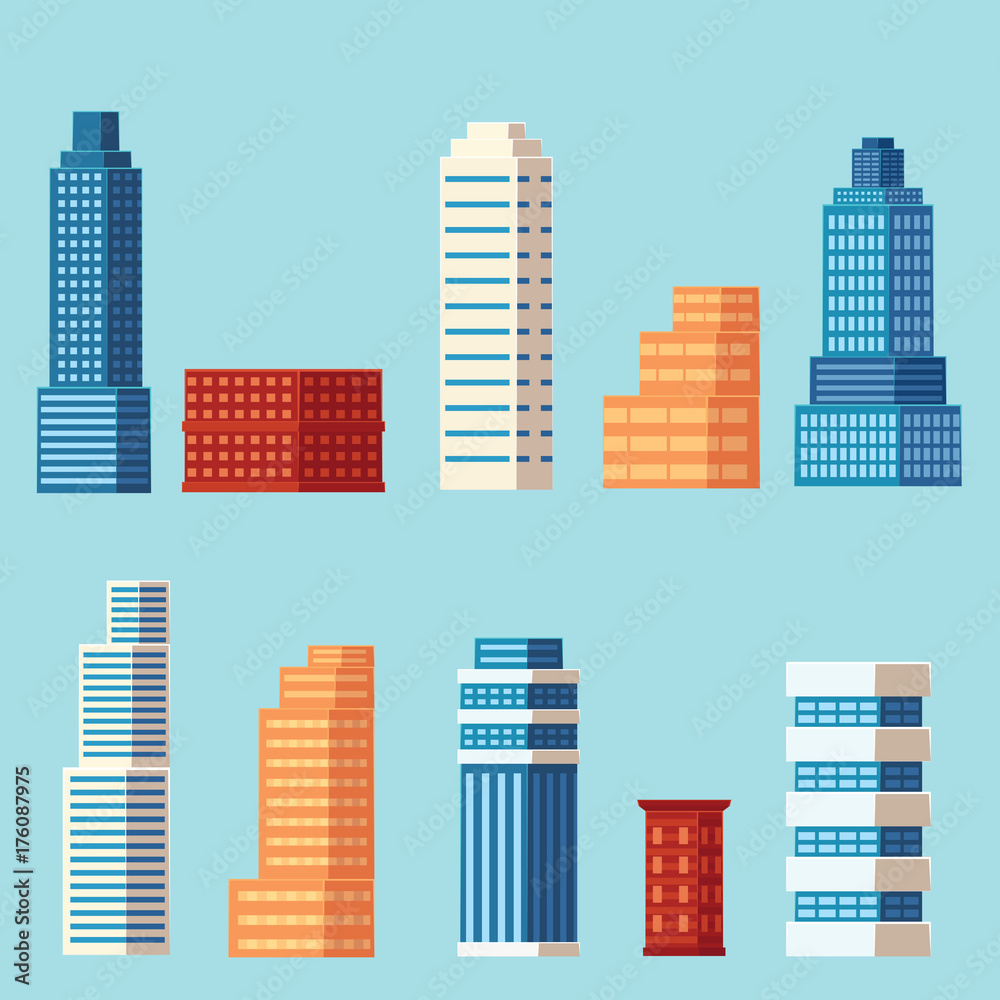 vector flat cartoon different buildings set. Skyscrapers, office centers shopping mall and city apartments houses. Illustration on light blue background