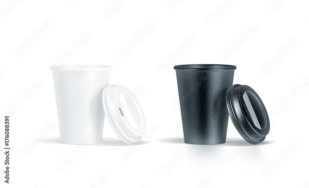 Blank black and white disposable paper cup with opened plastic lid mock up  isolated, 3d rendering. Empty coffee drinking mug mockup front view. Clear  tea take away package, cofe branding template. Stock
