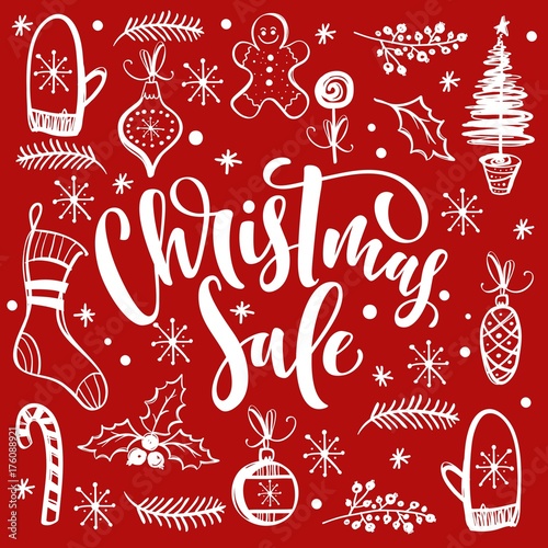 Christmas Sale. Handwritten modern lettering and decorative elements.