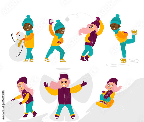 Set of kids, children, girls doing winter activities, having fun, cartoon vector illustration isolated on white background. Kids, children, girls play snowballs, make snowman, ice skate, ride a sled