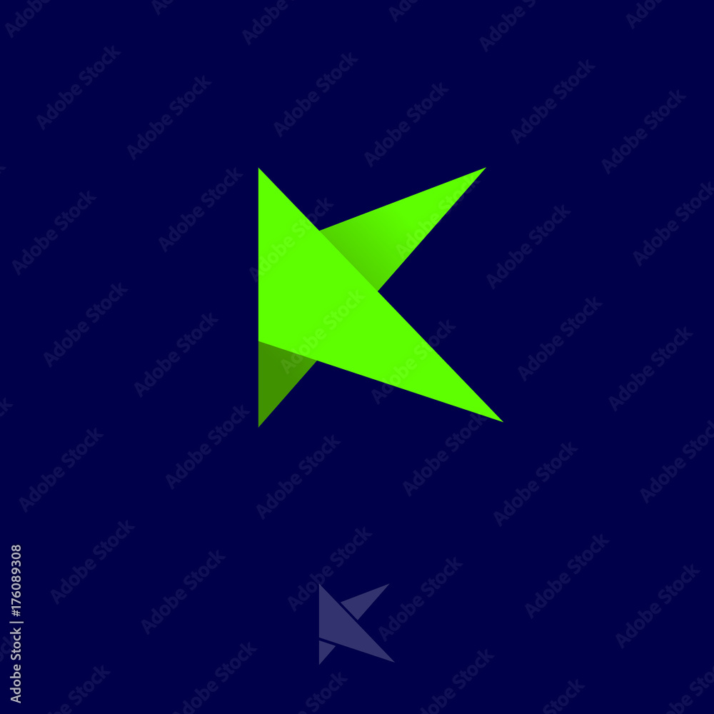 K origami monogram. K logo. Green letter on a dark background. K origami monogram. K logo. Green letter on a dark background.