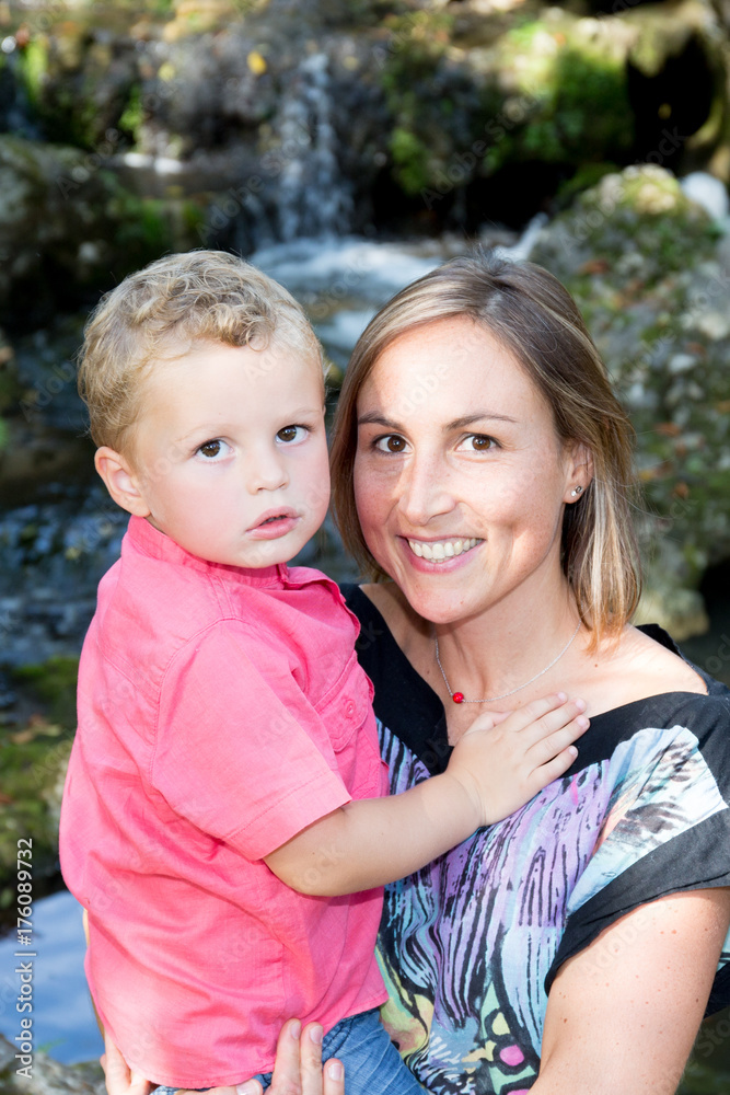 Portrait of a happy mother and son smiling outdoors