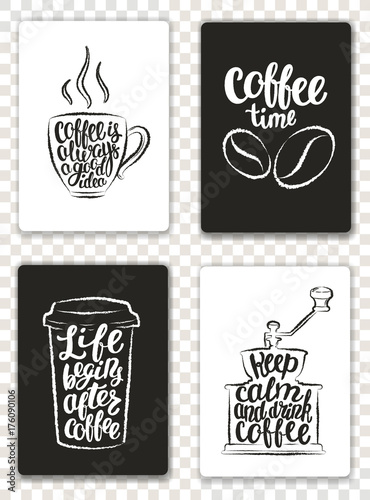 Set of modern cards with coffee elements and lettering. Trendy hipster templates for flyers, invitations, menu design. Black and white grunge contours. Modern calligraphy vector illustration. photo