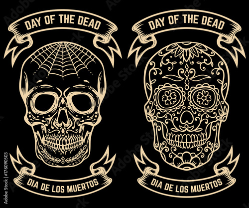 Day of the dead. Dia de los muertos. Set of the sugar skulls. Design elements for poster, greeting card, banner. Vector illustration