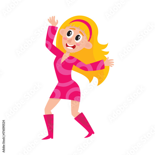 Pretty blond woman in pink dress  retro disco dancer  cartoon vector illustration isolated on white background. Young woman in short pink dress dancing at retro disco party  having fun