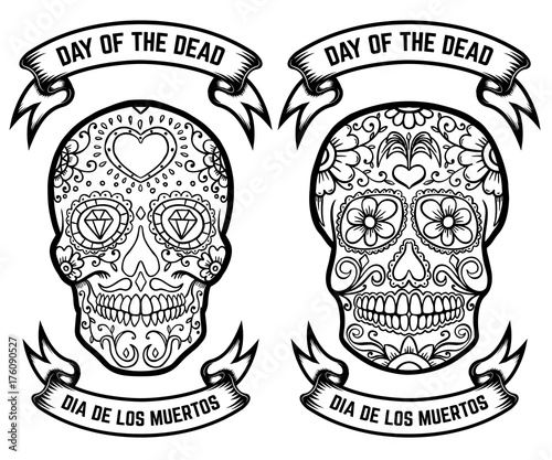 Day of the dead. Dia de los muertos. Set of the sugar skulls. Design elements for poster, greeting card, banner. Vector illustration