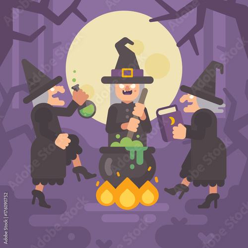 Three wicked old witches brewing a potion. Three evil sisters dancing around the fire and cauldron in a dark forest at night. Halloween character flat illustration
