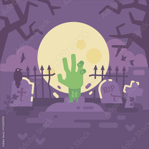 Zombie hand coming out of grave. Trick or treat. Halloween night cemetery flat illustration