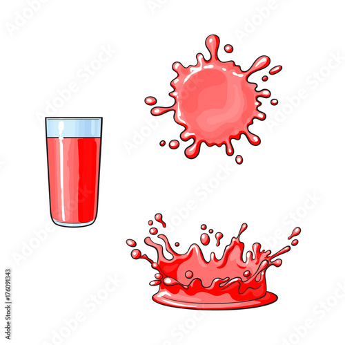 Vector cartoon glass cup and splash drop of red fresh fruit juice set. Isolated illustration on a white background. Soft drink, refreshing beverage image.