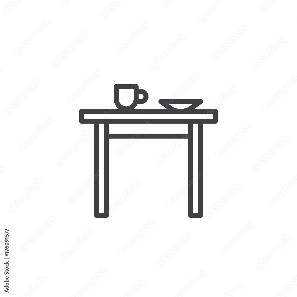 Kitchen table with cup and plate line icon, outline vector sign, linear style pictogram isolated on white. Symbol, logo illustration. Editable stroke Kitchen table with cup and plate line icon, outline vector sign, linear style pictogram isolated on white. Symbol, logo illustration. Editable stroke