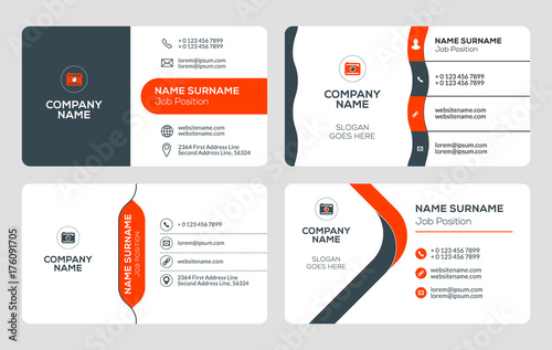 Set of 4 business card templates. Flat design vector illustration. Stationery design. Red and black color theme