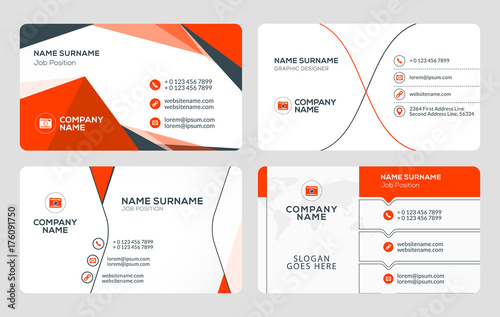 Set of 4 business card templates. Flat design vector illustration. Stationery design. Red and black color theme