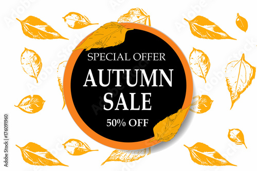 Bright banner for autumn sale with autumn leaves on geometric background. Vector illustration. photo