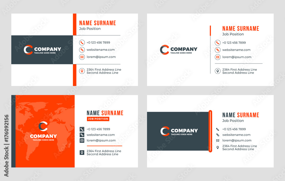 Set of 4 business card templates. Flat design vector illustration. Stationery design. Red and black color theme