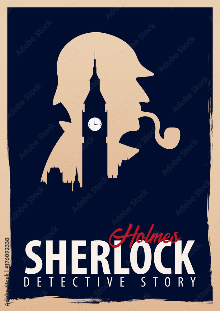 Obraz premium Sherlock Holmes poster. Detective illustration. Illustration with Sherlock Holmes. Baker street 221B. London. Big Ban.