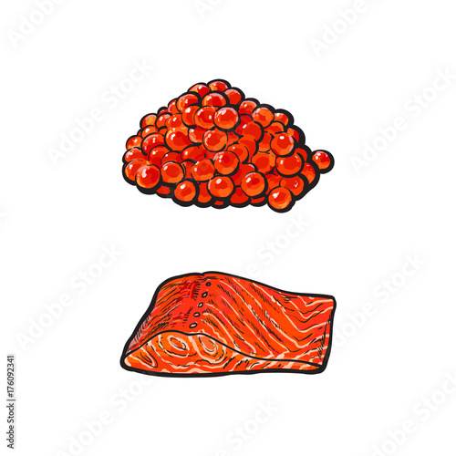 vector sketch sea salmon fish meat fillet steak without skin from side view and caviar set. Isolated illustration on a white background. Seafood delicacy, restaurant menu decoration