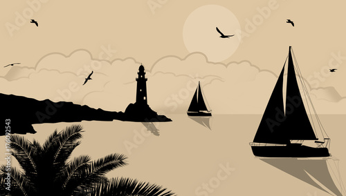 Yachts and lighthouse on beautiful place on retro style