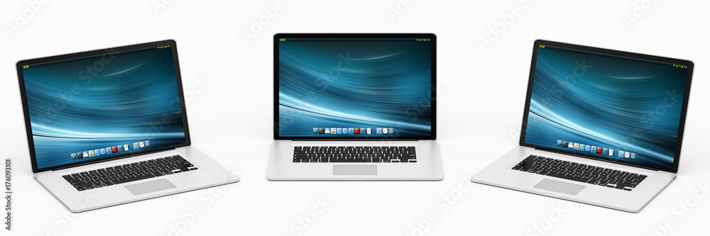 Triple modern digital silver and black laptop 3D rendering Triple modern digital silver and black laptop 3D rendering