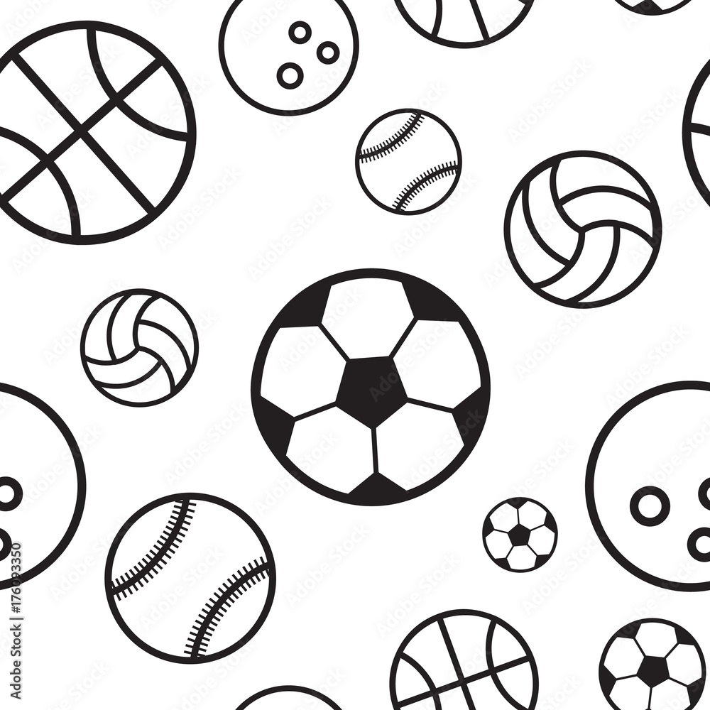 Sport ball seamless pattern. Seamless sport pattern with balls. Repeated backdrop for fashion clothes, t shirt, child, paper. Creative design isolated on white Sport ball seamless pattern. Seamless sport pattern with balls. Repeated backdrop for fashion clothes, t shirt, child, paper. Creative design isolated on white