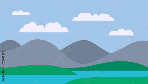 Cartoon colorful vector flat illustration of mountain landscape with meadow and lake under blue sky