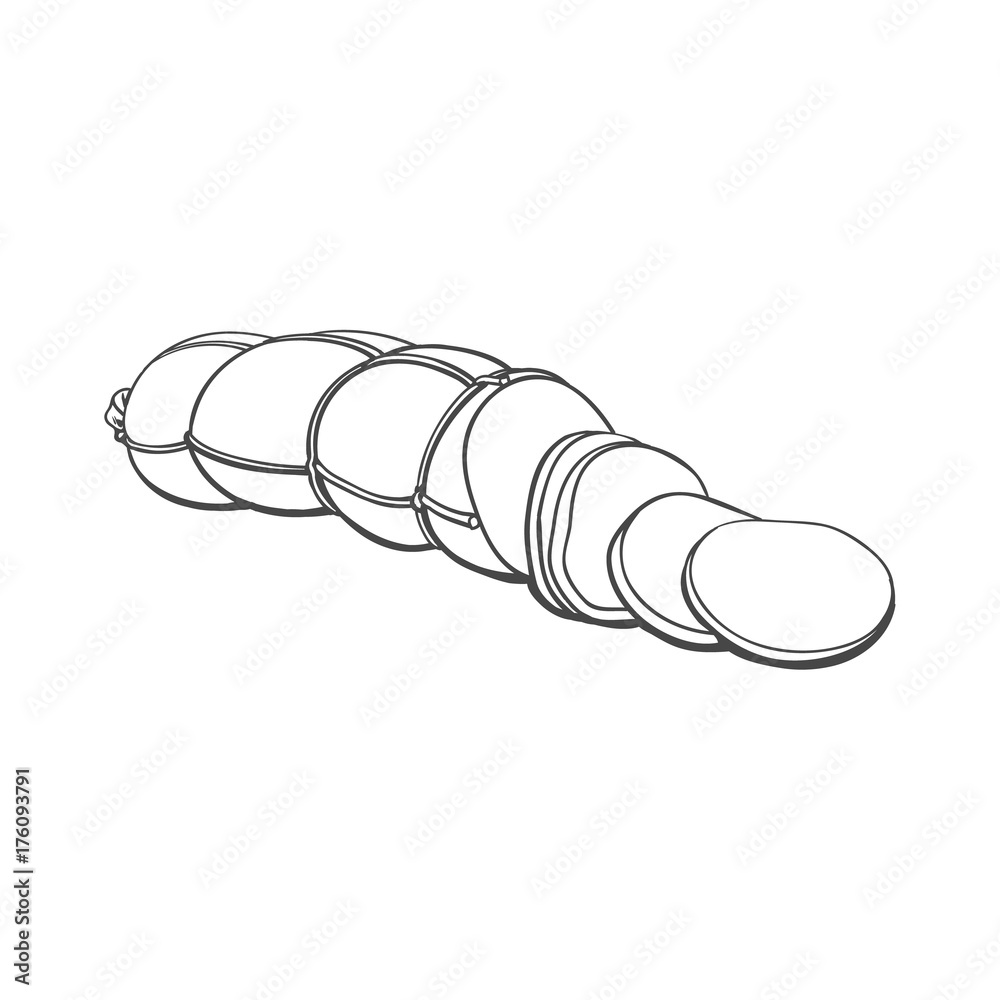 vector sketch boiled sausage with slices. Cartoon isolated illustration on a white background. Sausage and meat types concept
