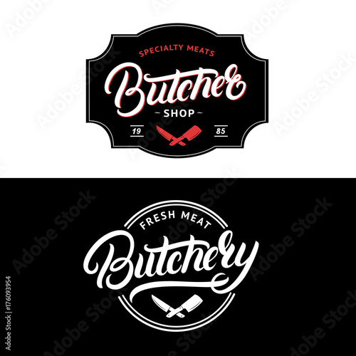 Set of Butcher Shop and Butchery hand written lettering logo, label, badge, emblem.