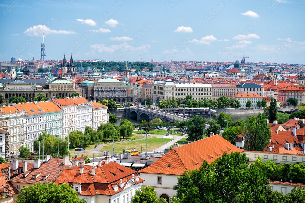 panorama of Prague with blue sky