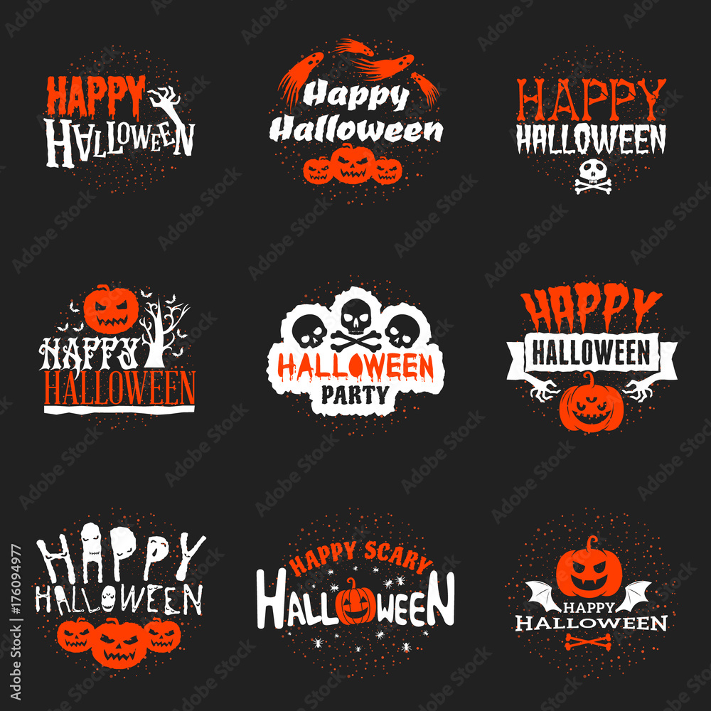 Set of happy Halloween badges or labels. Vector design elements for greetings card, party flyer and promotional materials. Red and white color theme. Vector illustration