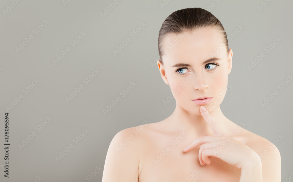 Perfect Young Woman Spa Model with Healthy Skin Thinking. Spa Beauty, Facial Treatment and Cosmetology Concept Perfect Young Woman Spa Model with Healthy Skin Thinking. Spa Beauty, Facial Treatment and Cosmetology Concept
