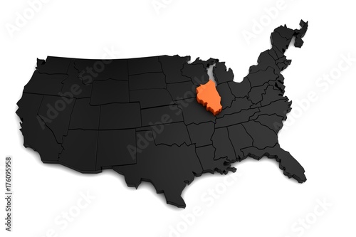 United States of America  3d black map  with Illinois state highlighted in orange. 3d render