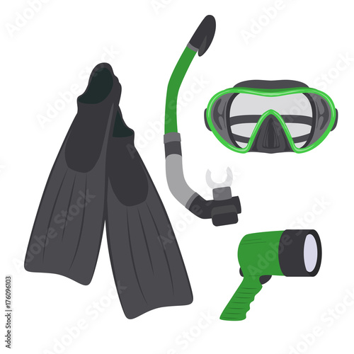 Diving set of elements.scuba gear and accessories. Underwater activity and sports items isolated. Scuba diving equipment collection. Snorkeling and scuba diving icon set.