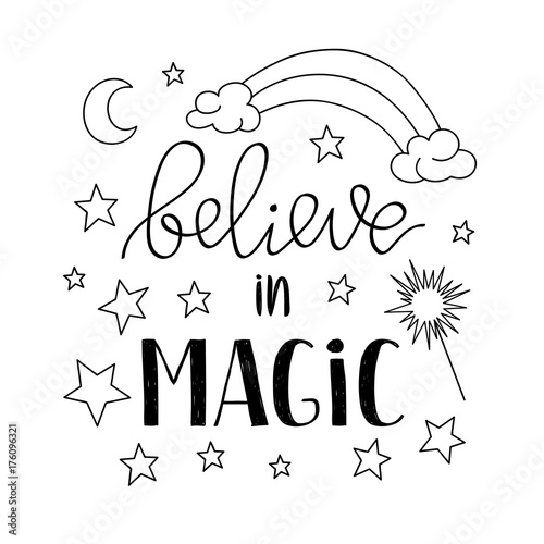 Believe in Magic quote poster, greeting card with stars moon and rainbow. Vector illustration in outline for kids prints textile and other
