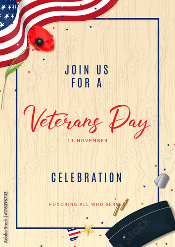 Veterans Day Party Celebration Flyer. Vector Illustration with Confetti. Holiday Backdrop with USA Flag and Red Poppy. Top View on Sleeves, Medal, Soldier Tag and Cap on wooden texture.