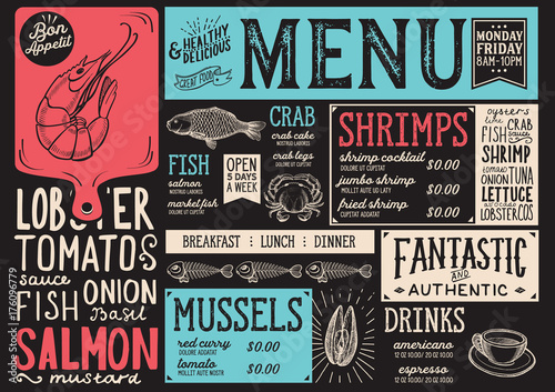 Seafood menu restaurant, food template.