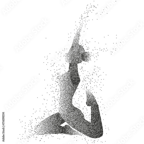 Woman is doing yoga movement. Particle female silhouette isolated on a white background.