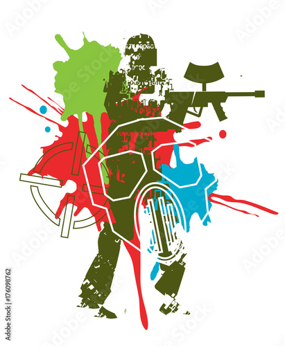 Paintball sport player.
Grunge stylized male silhouette of paintball with player color splatters. Vector available.