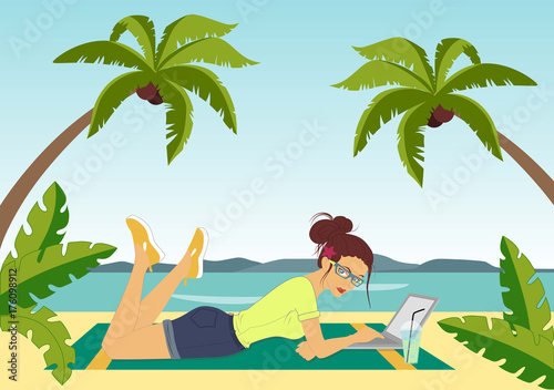 Illustration of a girl who works lying down with laptop on the beach.