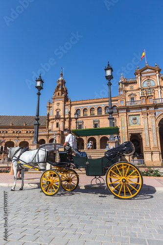 Seville Spain and horse carriage plaza de espana in summer